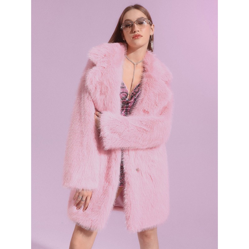 Faux Fur Coats Pink Long Sleeves Oversized Front Button Winter Outerwear Faux Fur Coat