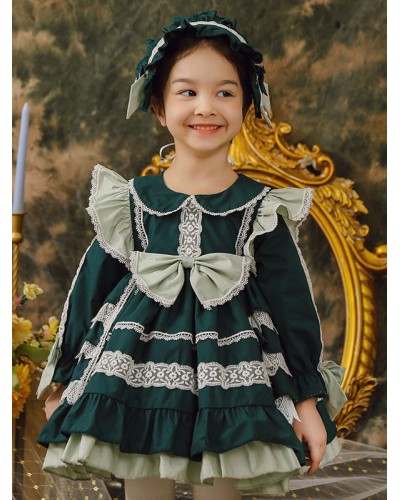 Polyester Tea Party Lace Long Sleeves Cotton Fall Dress ROCOCO Style Dark Green Kids' Lolita Dresses