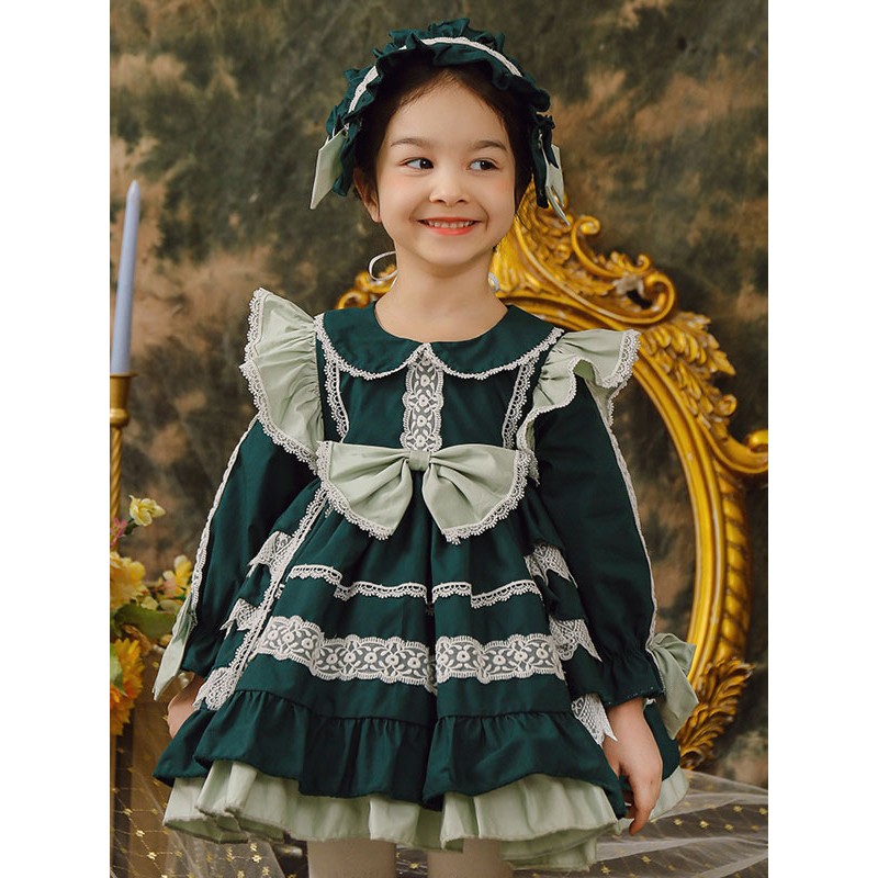 Polyester Tea Party Lace Long Sleeves Cotton Fall Dress ROCOCO Style Dark Green Kids' Lolita Dresses