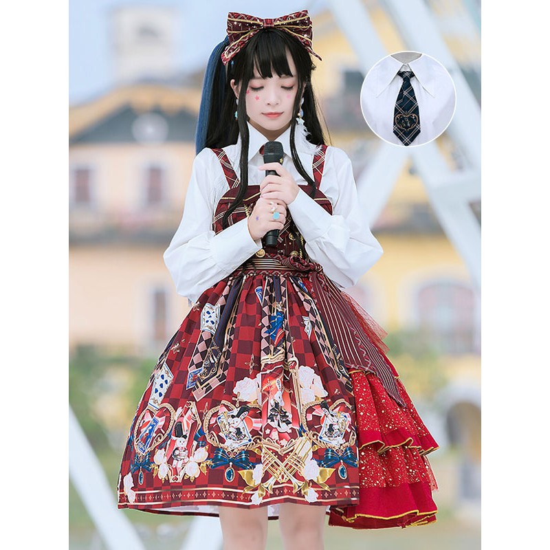 Sweet Lolita JSK Dress Red Black Polyester Tie Idol Clothing Lolita Jumper Skirt