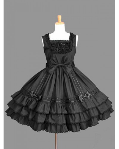 Lolita JSK Dress Lace Up Bow Ruffle Cotton Black Lolita Jumper Skirt Sweet Summer Daily Casual Tea Party