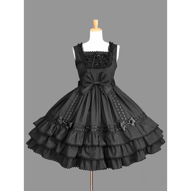 Lolita JSK Dress Lace Up Bow Ruffle Cotton Black Lolita Jumper Skirt Sweet Summer Daily Casual Tea Party