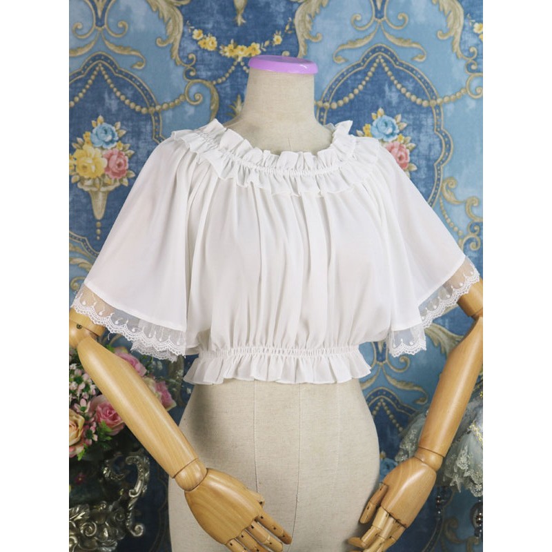 Classic Lolita Blouse Lace Ruffle Pleated Chiffon White Lolita Top Spring Summer