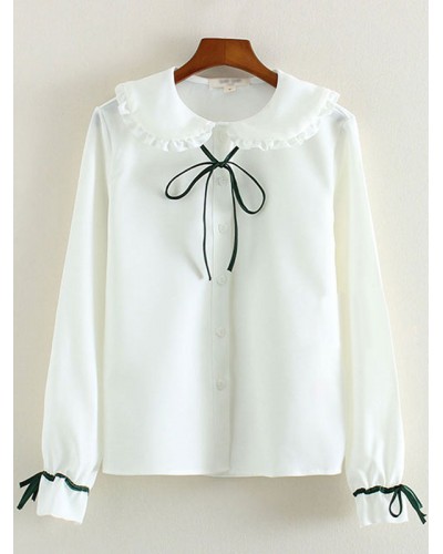 White Bow Ruched Cotton Lolita Shirt For Women Sweet Daily Casual