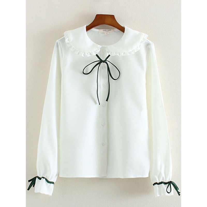 White Bow Ruched Cotton Lolita Shirt For Women Sweet Daily Casual