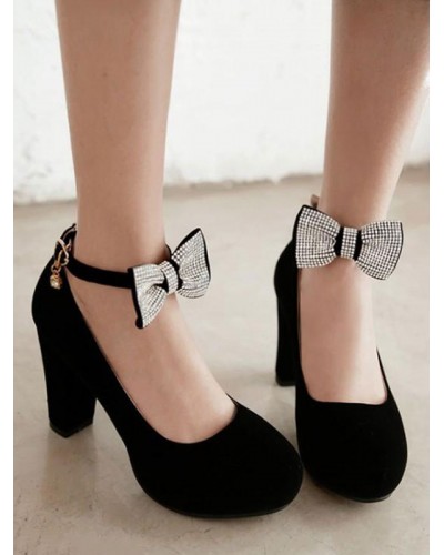 Classic Lolita Pump Nubuck Rhinestone Bow Ankle Strap Chunky High Heel Lolita Shoes