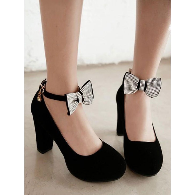 Classic Lolita Pump Nubuck Rhinestone Bow Ankle Strap Chunky High Heel Lolita Shoes