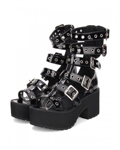 Gothic Lolita Sandal Grommet Buckle Platform Chunky Heel Black Lolita Shoes Punk Daily Casual Tea Party