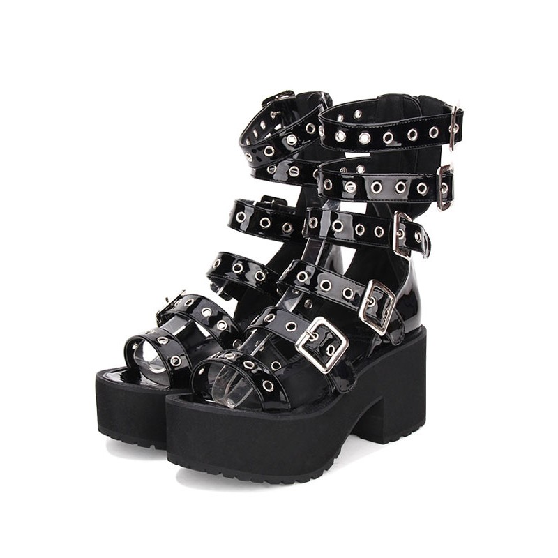 Gothic Lolita Sandal Grommet Buckle Platform Chunky Heel Black Lolita Shoes Punk Daily Casual Tea Party