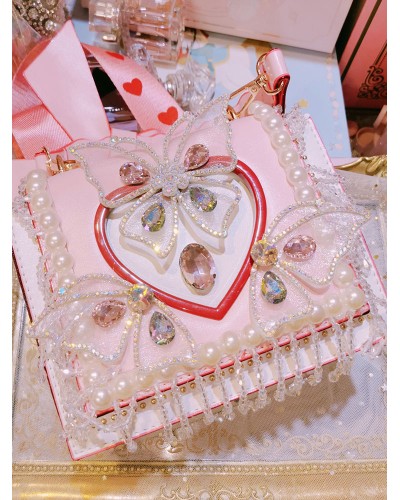 Lolita Bag Pink Butterfly Pattern Studded Rhinestones Handbag PU Leather Lolita Accessories