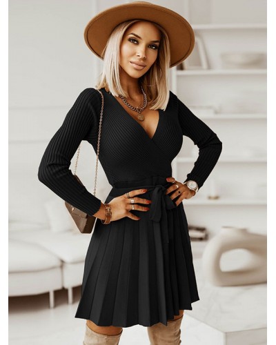 Women Skater Dresses V-Neck Black Sexy Long Sleeves Fit And Flare Dress Classic  Traditional Spring Fall Winter