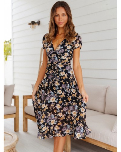 Summer Dress V-Neck Printed Lace Up Black Dress Bohemian Beach Resort Wear