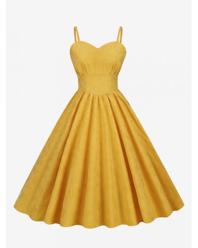 Dress 1950s Audrey Hepburn Style Straps Neck Pleated Sleeveless Medium Yellow Rockabilly Dress Vintage Retro Summer