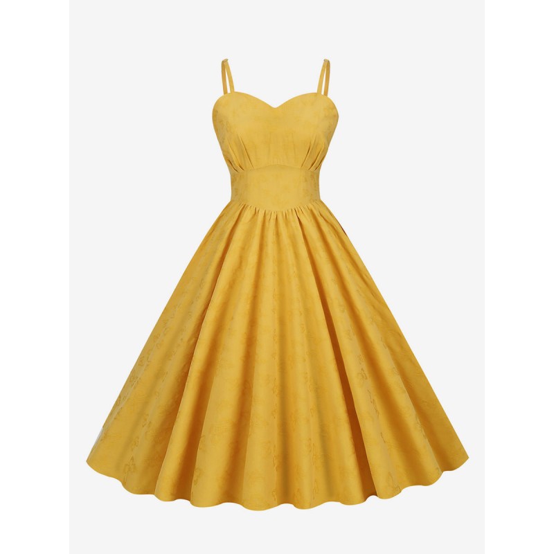 Dress 1950s Audrey Hepburn Style Straps Neck Pleated Sleeveless Medium Yellow Rockabilly Dress Vintage Retro Summer