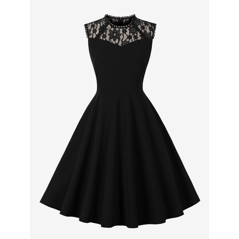 Women Retro Dress Crewneck Lace 1950s Audrey Hepburn Style Sleeveless Knee Length Black Rockabilly Dress Bodycon Daily Casual Party