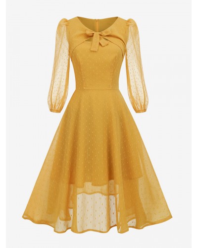 Women Retro Dress V-Neck Pleated 1950s Audrey Hepburn Style Sheer Long Sleeves Medium Yellow Rockabilly Dress Vintage Street Wear Daily Casual