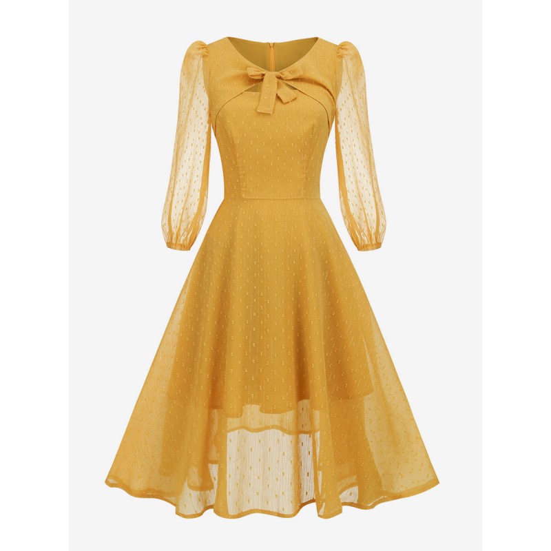 Women Retro Dress V-Neck Pleated 1950s Audrey Hepburn Style Sheer Long Sleeves Medium Yellow Rockabilly Dress Vintage Street Wear Daily Casual