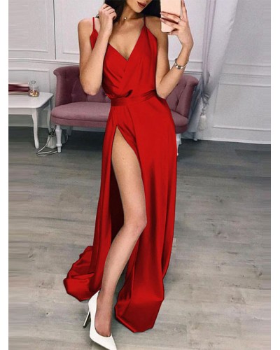 Women Party Dresses Red Straps Neck Sleeveless High-slit Semi Formal Dress Maxi Summer