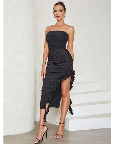 Dresses Black Straps Neck Ruffles Sleeveless Backless Semi Formal Dress Maxi Party