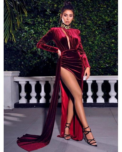 Burgundy Dress High Collar Long Sleeves High Slit Layered Floor Length Dress Maxi Night Out