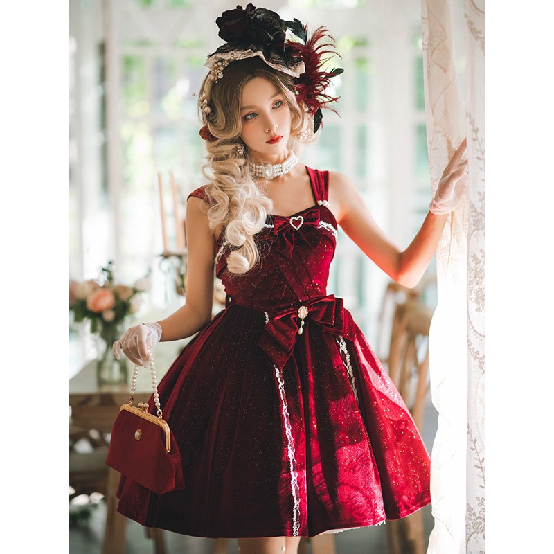 Gothic Lolita Dresses Bows Lace Dark Green Burgundy