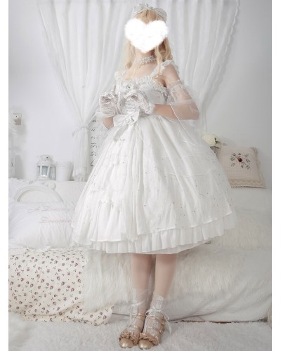 Sweet Lolita JSK Dress Neverland Lace Cascading Ruffles Bows White Lolita Jumper Skirts