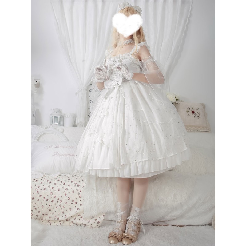 Sweet Lolita JSK Dress Neverland Lace Cascading Ruffles Bows White Lolita Jumper Skirts