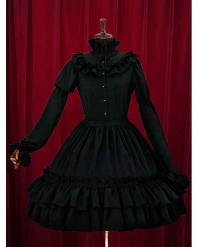 Black Lolita Dress Tiered Ruffles Cotton Dress Gothic Fall Tea Party