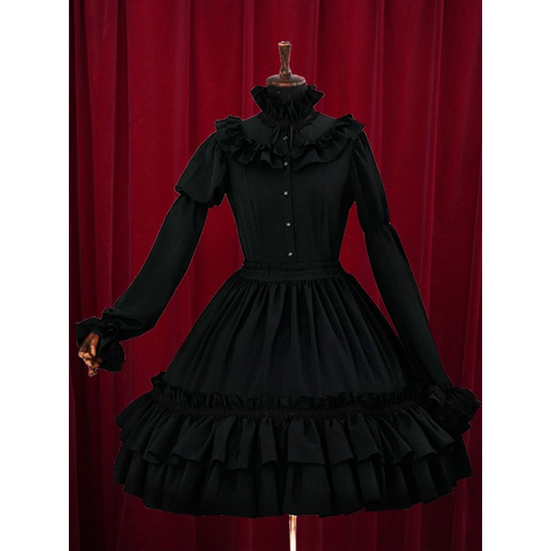 Black Lolita Dress Tiered Ruffles Cotton Dress Gothic Fall Tea Party