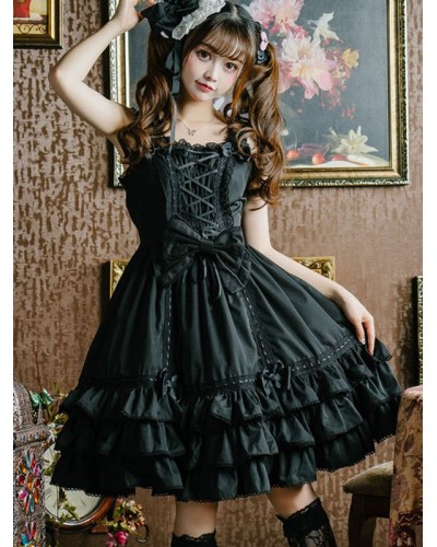 Sweet Lolita JSK Dress Ruffles Bows Lace Up Lolita Jumper Skirts