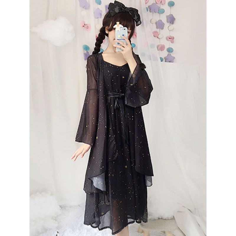 Sweet Lolita Set Chiffon Print Bow Pleated JSK With Cover Up