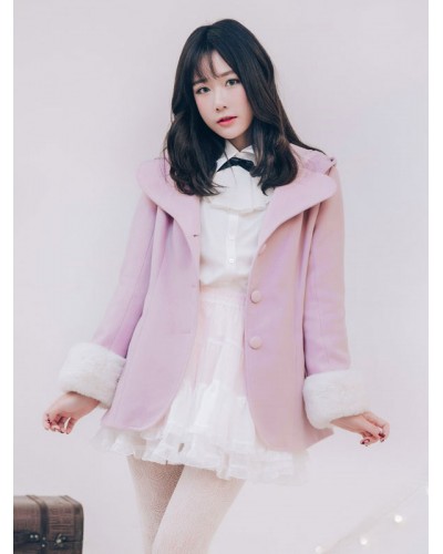 Lolita Coat Hooded Long Sleeve Bows Bell Two Tone Tweed Caomo Pink Lolita Coat Tops Sweet Daily Casual