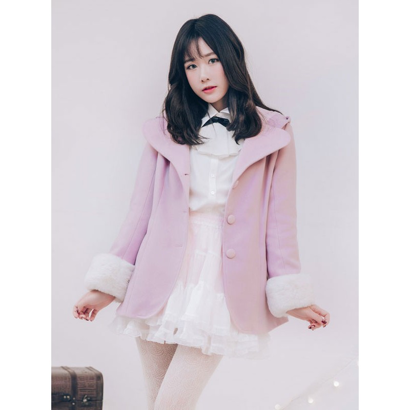 Lolita Coat Hooded Long Sleeve Bows Bell Two Tone Tweed Caomo Pink Lolita Coat Tops Sweet Daily Casual