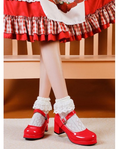 Sweet Lolita Footwear Red PU Leather Chunky Heel Lolita Pumps Daily Casual