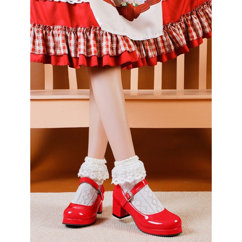 Sweet Lolita Footwear Red PU Leather Chunky Heel Lolita Pumps Daily Casual