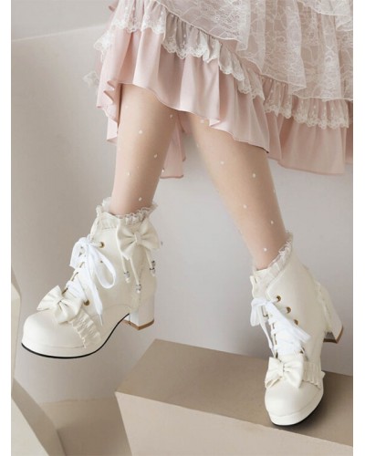 Lolita White Bows Ruffles Round Toe PU Leather Lolita Footwear Boots Sweet