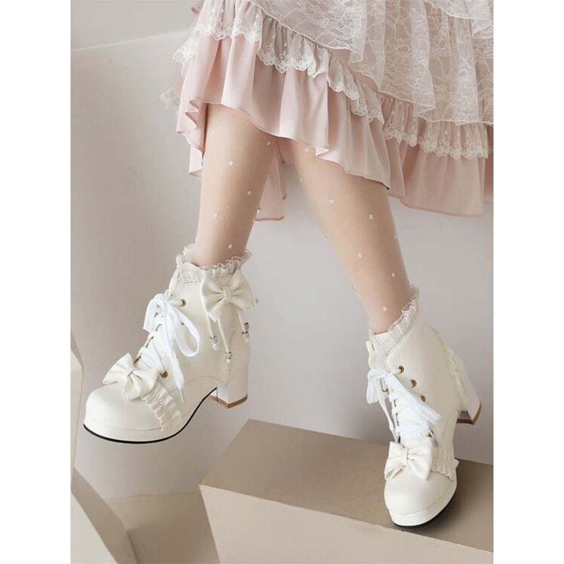 Lolita White Bows Ruffles Round Toe PU Leather Lolita Footwear Boots Sweet