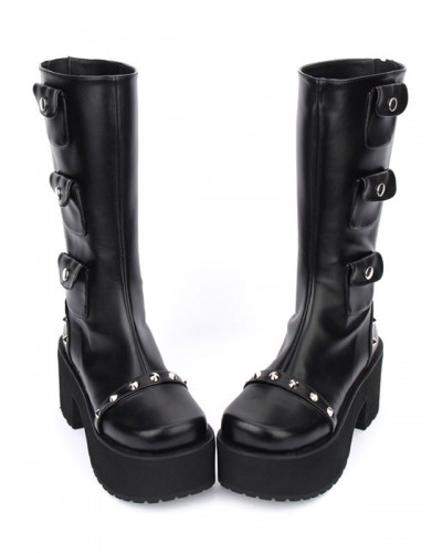 Black Lolita Boots Chunky Heel Mid Calf Platform Gothic Lolita Boots With Embellished Pockets Punk