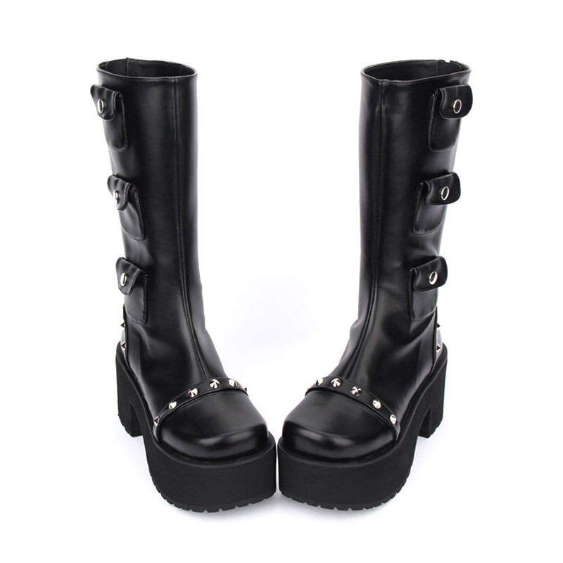 Black Lolita Boots Chunky Heel Mid Calf Platform Gothic Lolita Boots With Embellished Pockets Punk