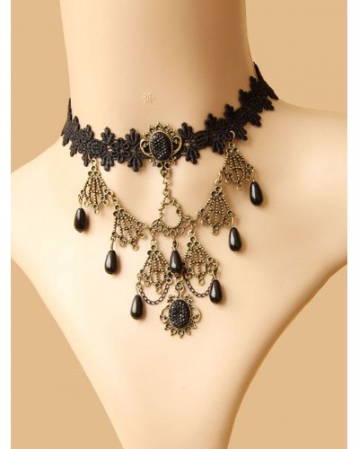 Lolita Choker Metal Detail Jewel Lace Black Lolita Choker Necklace Accessories Gothic Tea Party