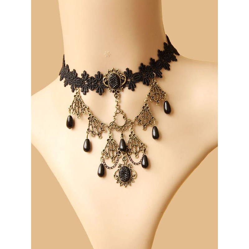 Lolita Choker Metal Detail Jewel Lace Black Lolita Choker Necklace Accessories Gothic Tea Party