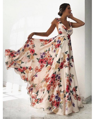 Floral Maxi Dress White V Neck Backless Chiffon Boho Summer Dress Bohemian Resort Wear