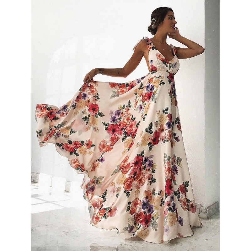 Floral Maxi Dress White V Neck Backless Chiffon Boho Summer Dress Bohemian Resort Wear