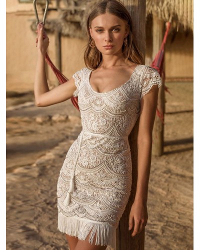 Birthday Lace Dress White U-Neck Short Sleeve Tassel Party Dress Wedding Bridal Dress Bodycon Ball