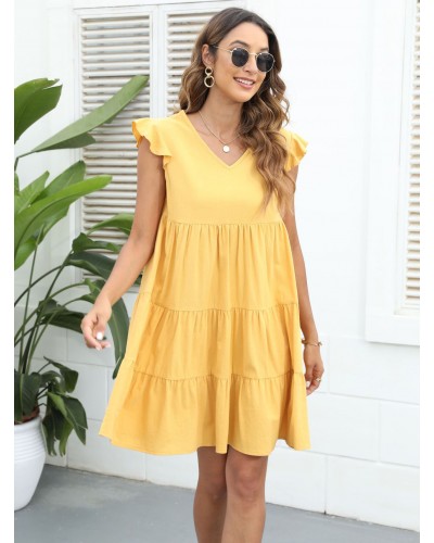 Women Shift Dresses Sleeveless Sexy V-Neck Yellow Tunic Dress Spring Summer