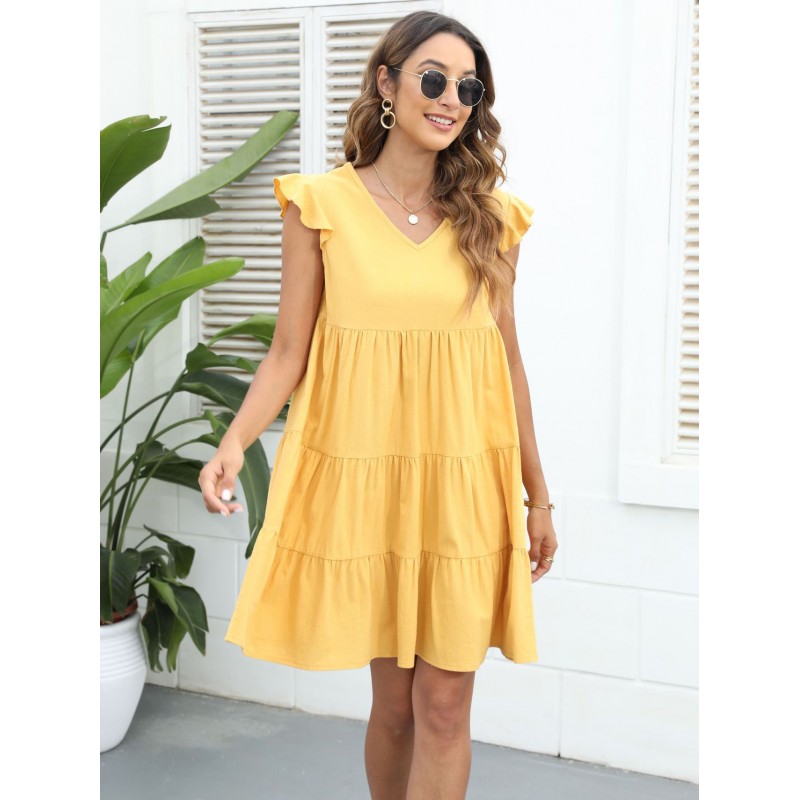 Women Shift Dresses Sleeveless Sexy V-Neck Yellow Tunic Dress Spring Summer