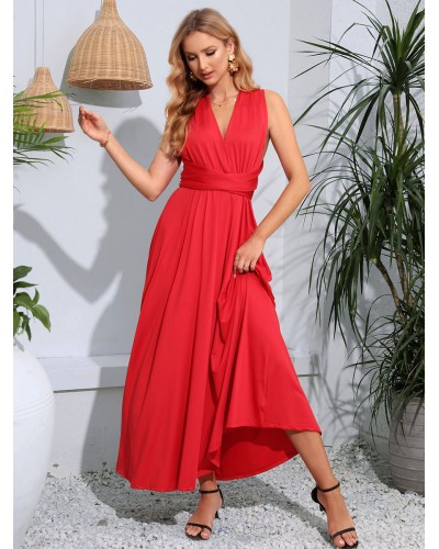 Summer Dresses Red V-Neck Beach Dress Maxi Daily Casual Resort Wear