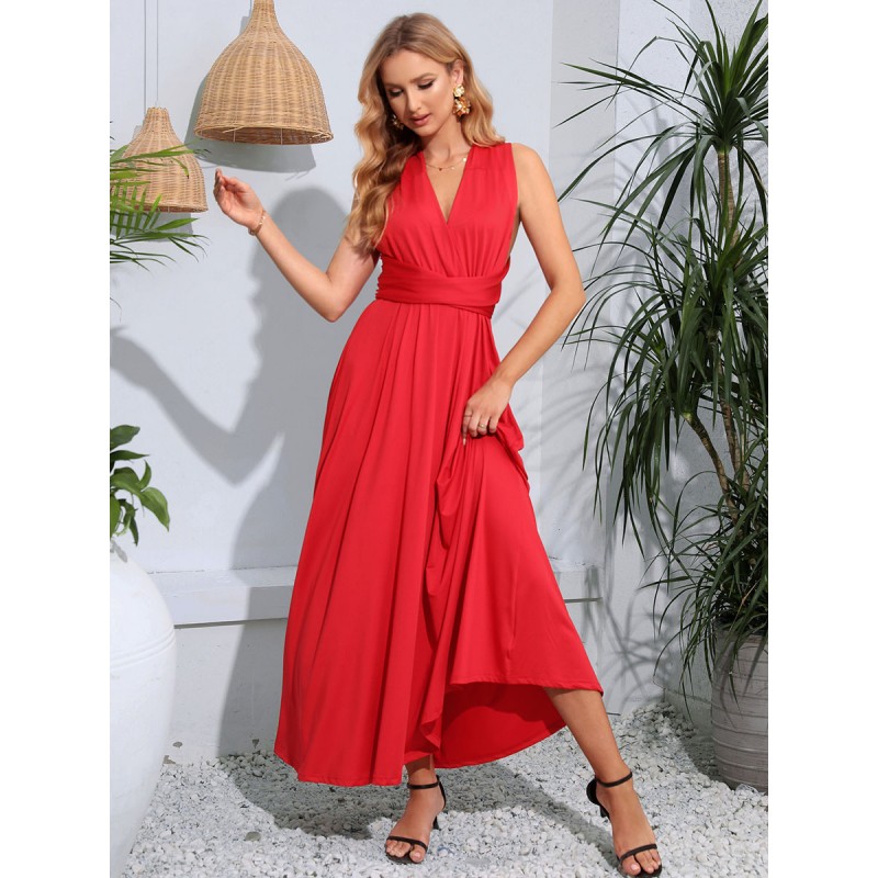 Summer Dresses Red V-Neck Beach Dress Maxi Daily Casual Resort Wear