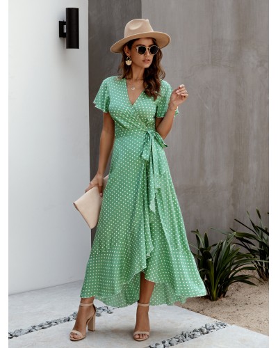 Women V-Neck Maxi Dress Short Sleeves Printed Long Dress Chic  Modern Summer