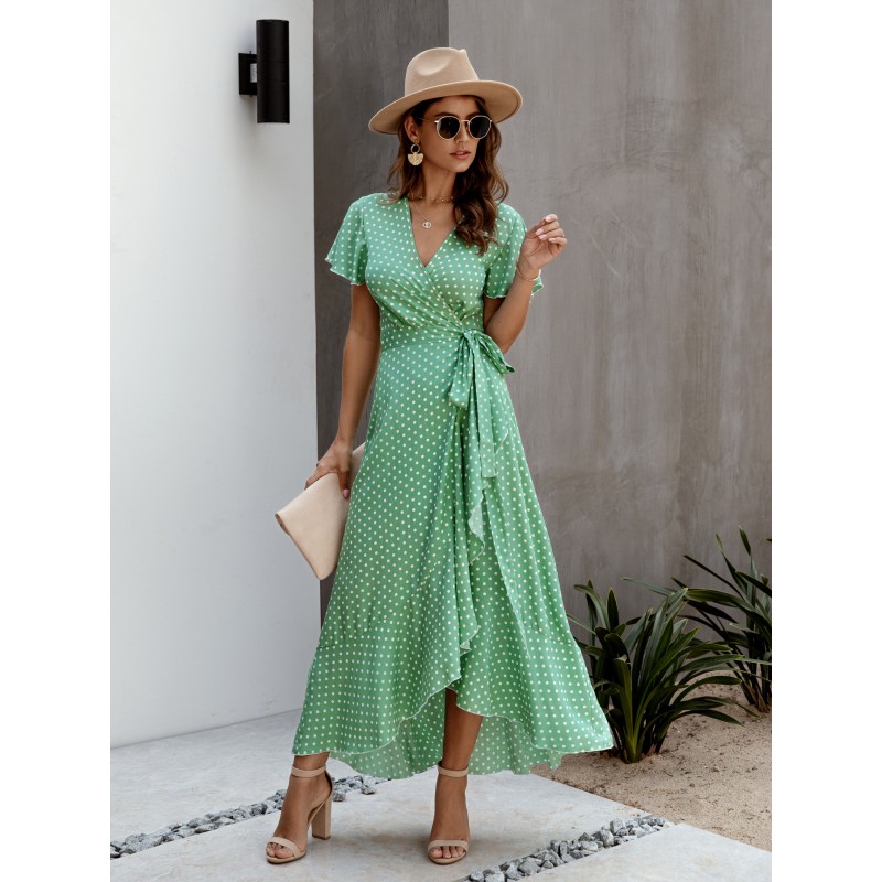 Women V-Neck Maxi Dress Short Sleeves Printed Long Dress Chic  Modern Summer